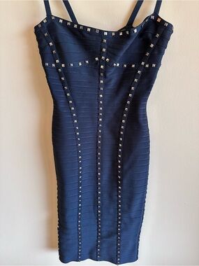Herve Leger Navy Studded Midi Bodycon Dress